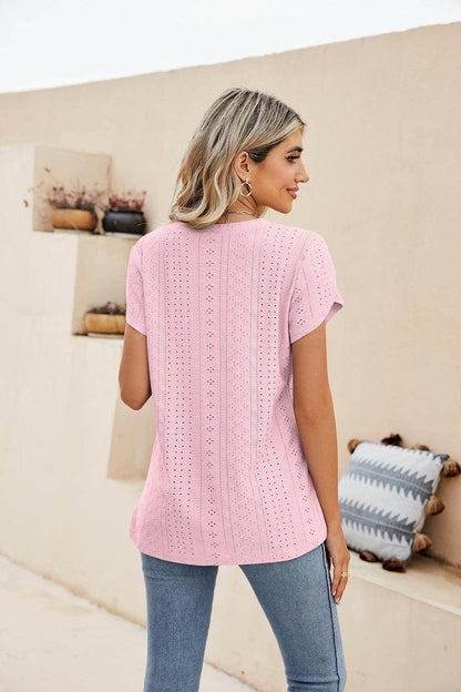 Eyelet Petal Sleeve V-Neck Knit Top.