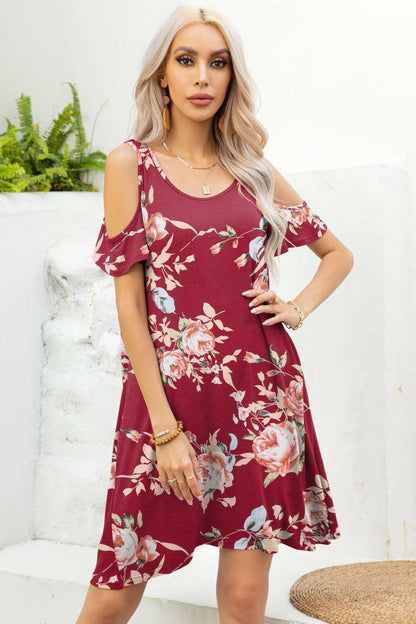 Floral Round Neck Cold-Shoulder Dress.