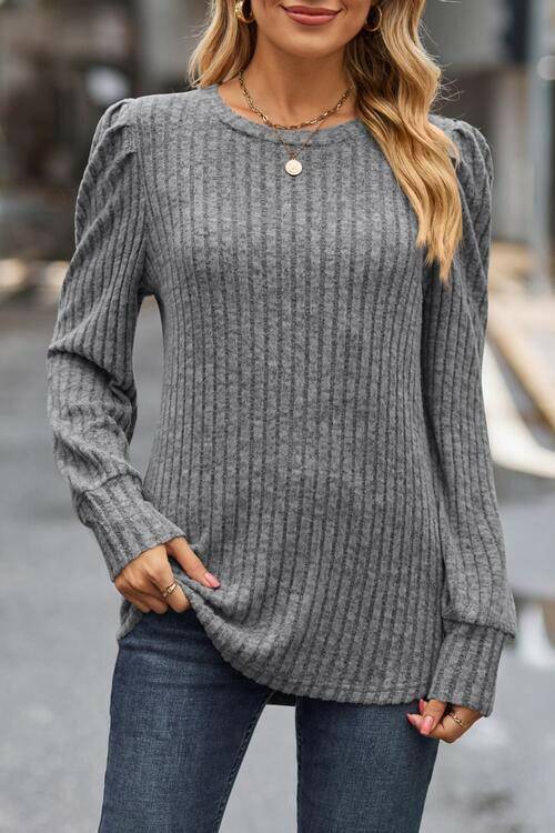 Ribbed Round Neck Long Sleeve Knit Top - Carri's Cache