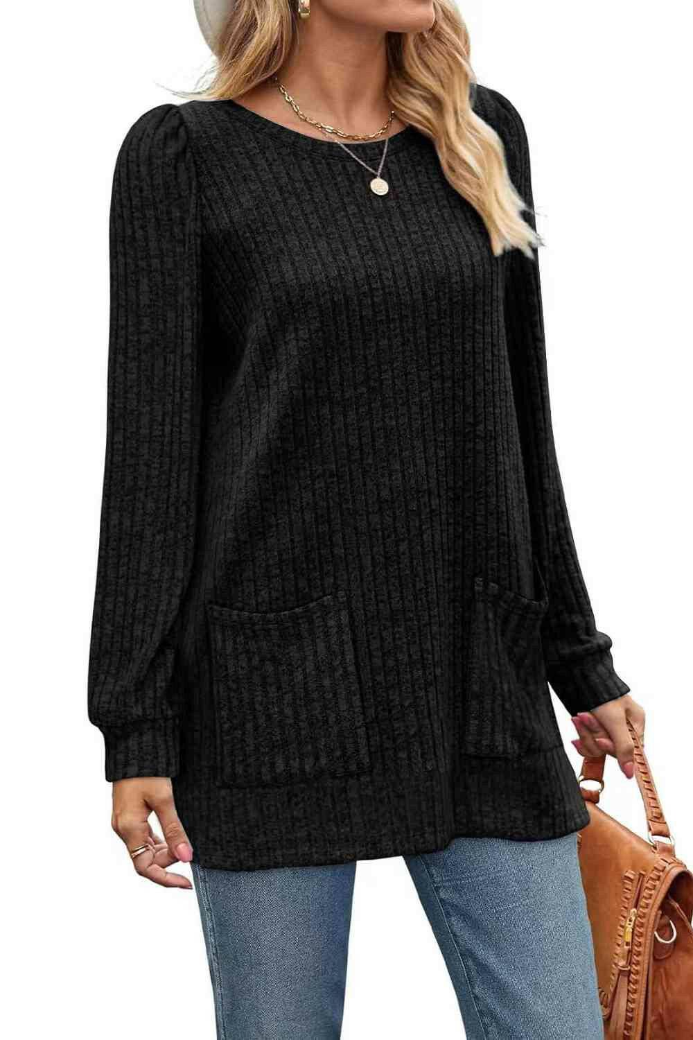 Ribbed Round Neck Long Sleeve T-Shirt - Carri's Cache