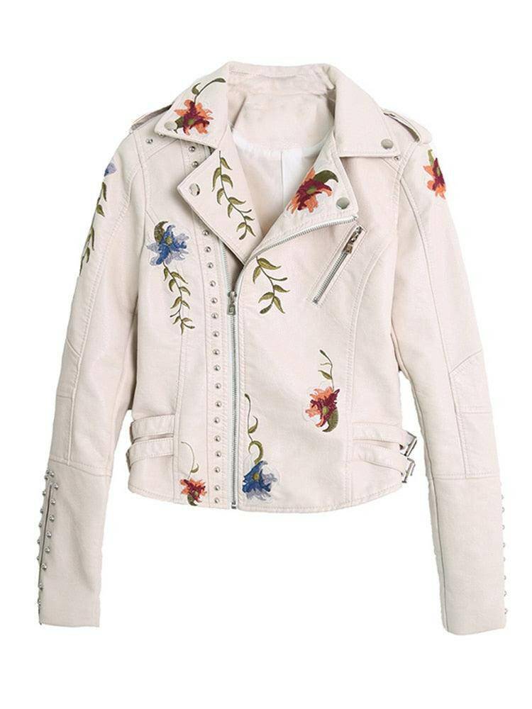 Floral Print Embroidery Faux Leather Jacket - Carri's Cache