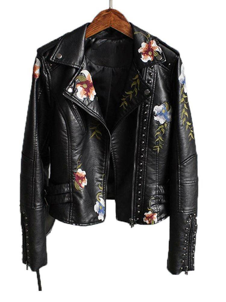 Floral Print Embroidery Faux Leather Jacket - Carri's Cache