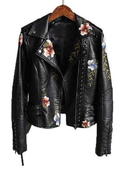 Floral Print Embroidery Faux Leather Jacket - Carri's Cache