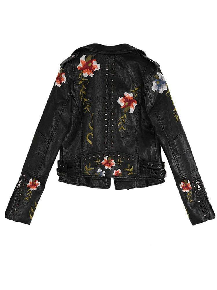 Floral Print Embroidery Faux Leather Jacket - Carri's Cache