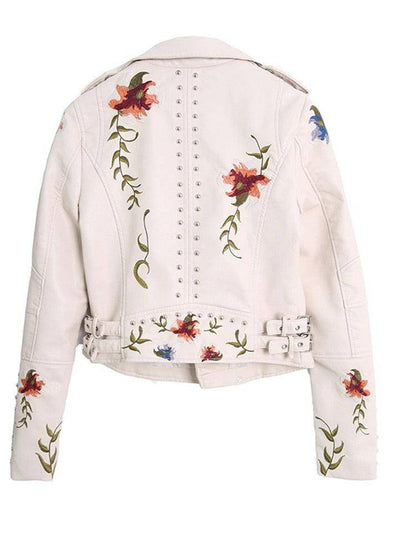 Floral Print Embroidery Faux Leather Jacket - Carri's Cache