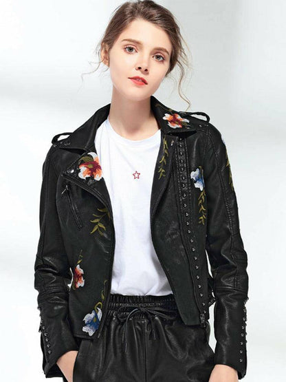 Floral Print Embroidery Faux Leather Jacket - Carri's Cache