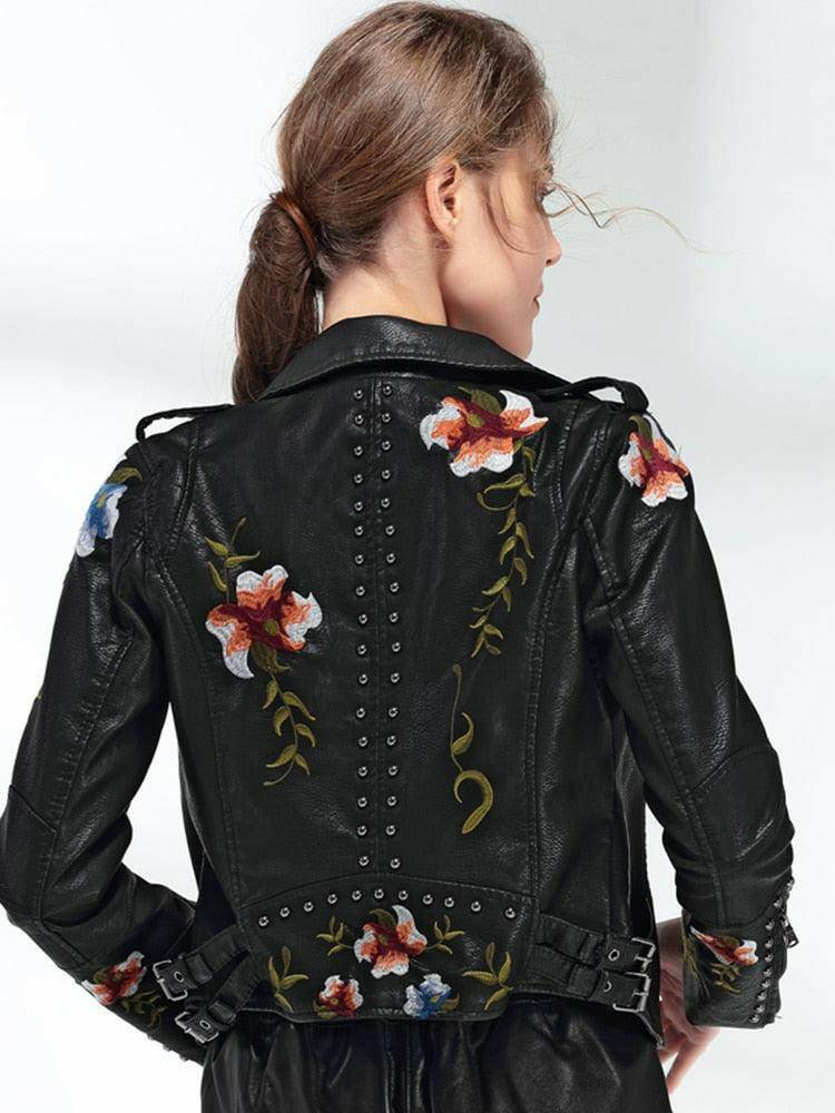 Floral Print Embroidery Faux Leather Jacket - Carri's Cache