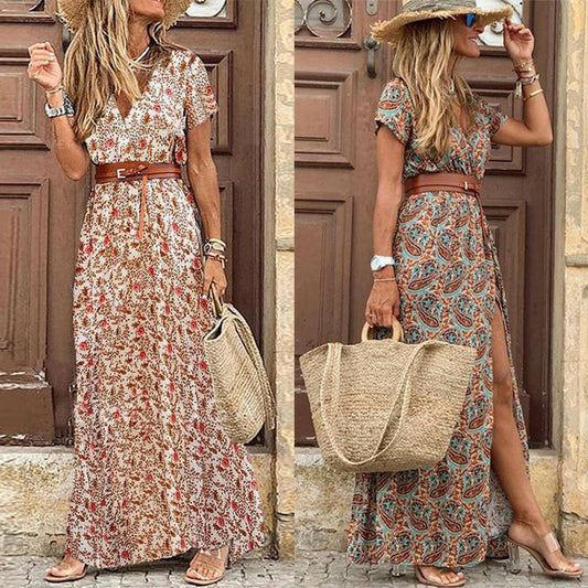 HOT SALE!! Boho Women Paisley Print Dress with belt - Carri's Cache