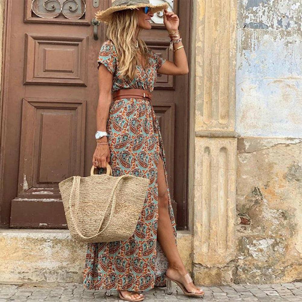 HOT SALE!! Boho Women Paisley Print Dress with belt - Carri's Cache