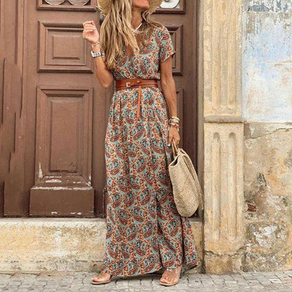 HOT SALE!! Boho Women Paisley Print Dress with belt - Carri's Cache