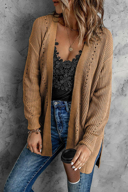 Openwork Rib-Knit Slit Cardigan - Carri's Cache