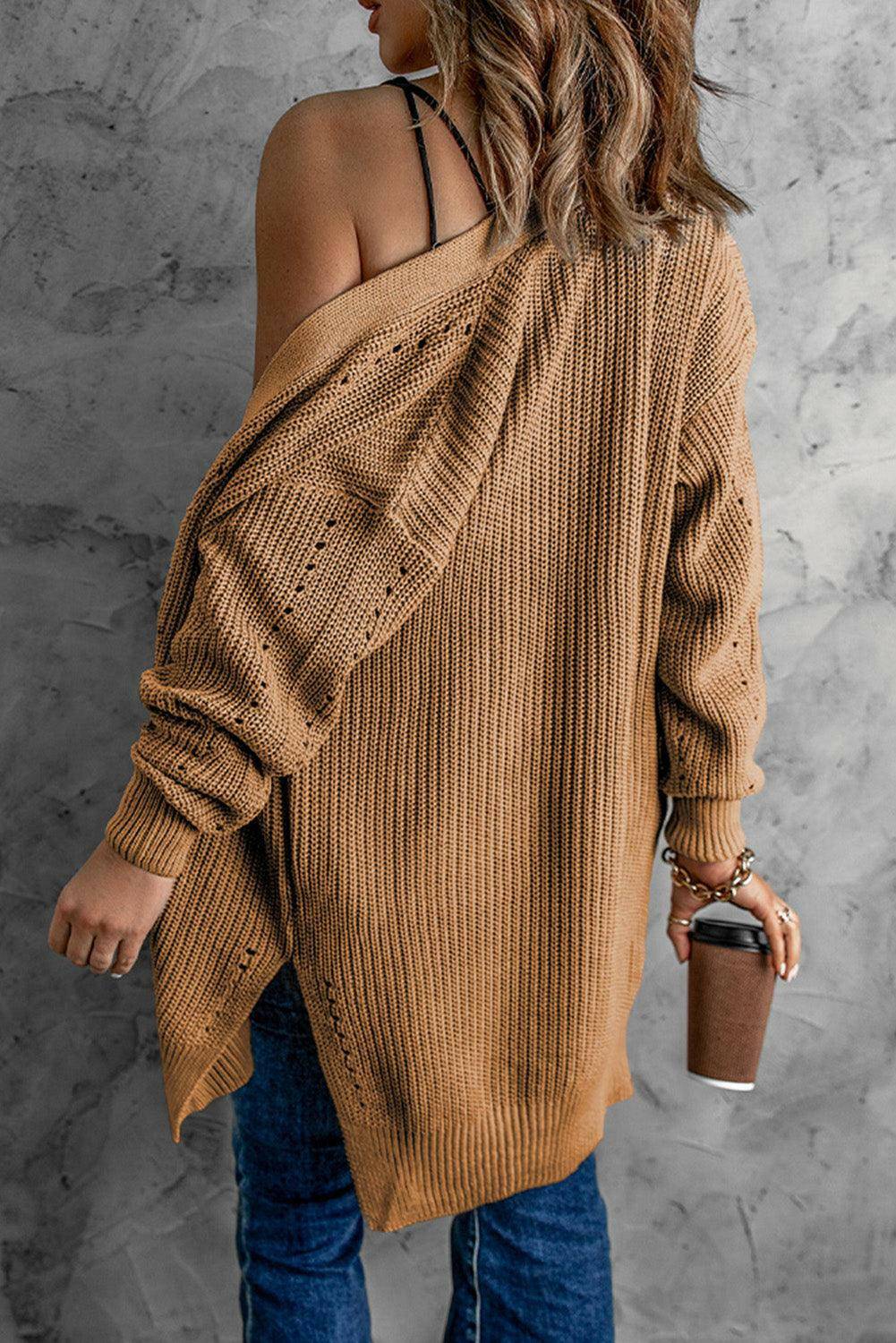 Openwork Rib-Knit Slit Cardigan - Carri's Cache