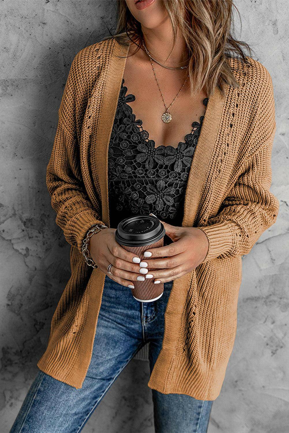 Openwork Rib-Knit Slit Cardigan - Carri's Cache