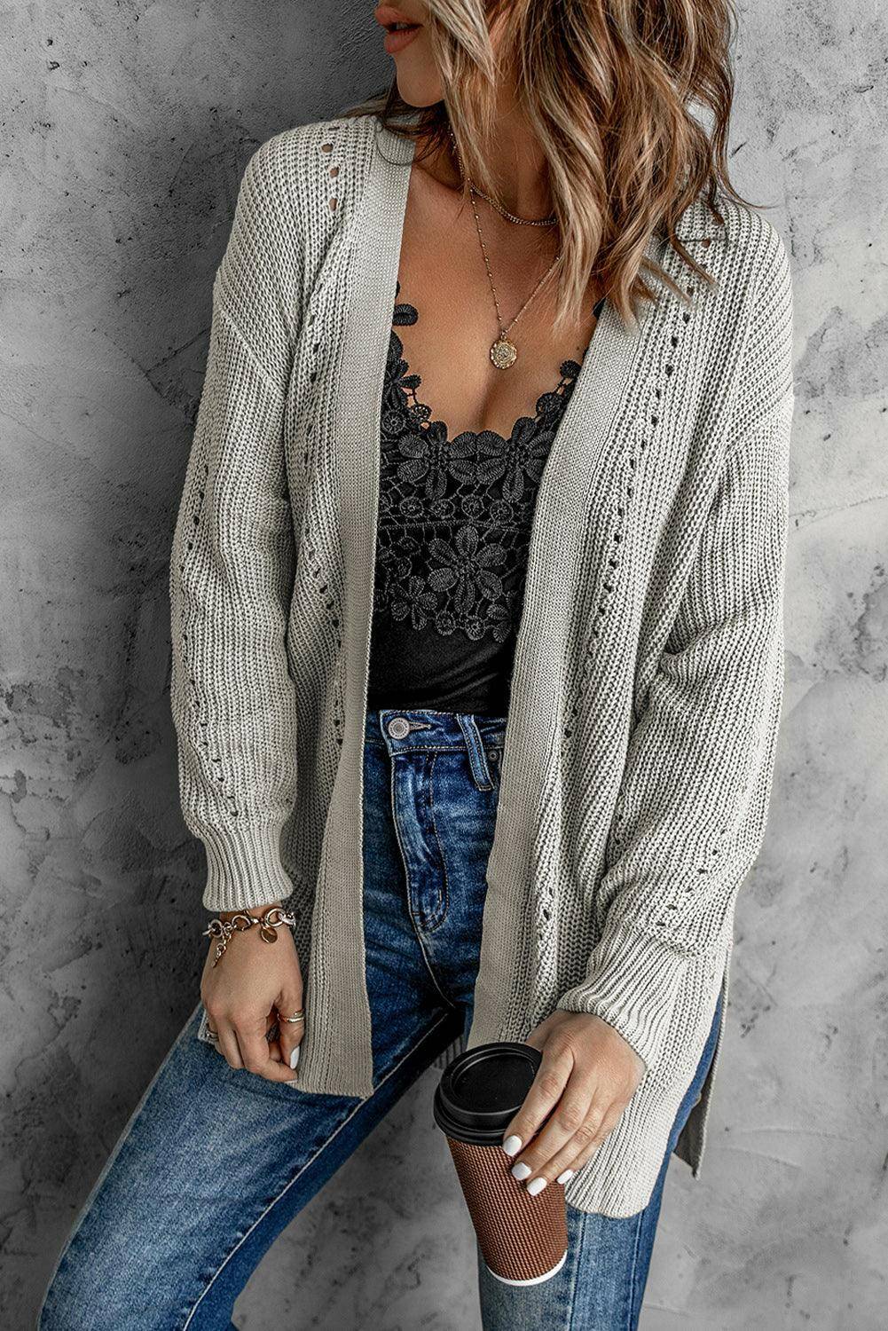 Openwork Rib-Knit Slit Cardigan - Carri's Cache