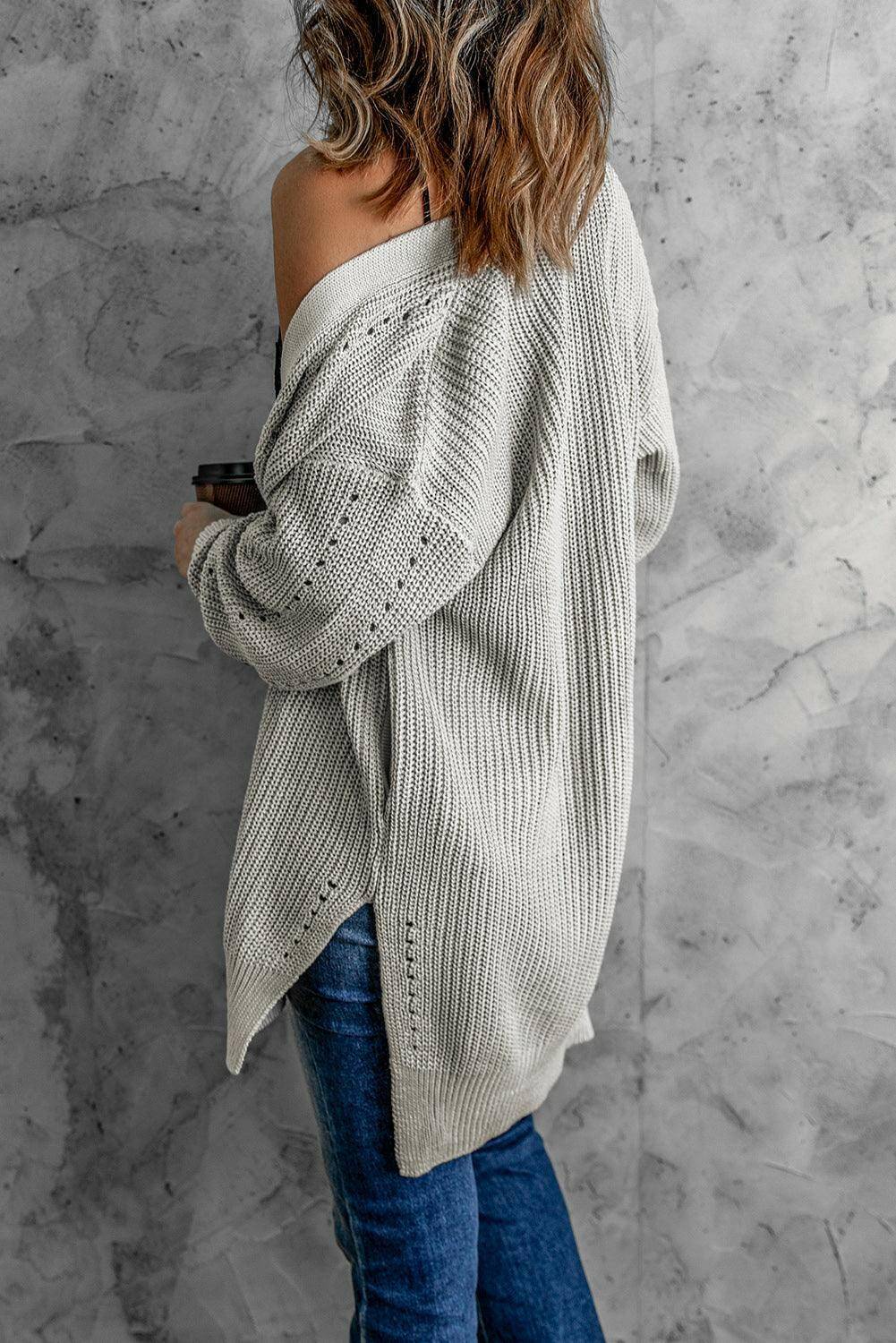 Openwork Rib-Knit Slit Cardigan - Carri's Cache