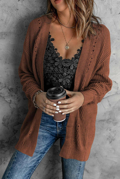 Openwork Rib-Knit Slit Cardigan - Carri's Cache