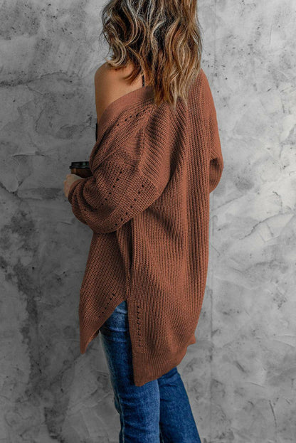 Openwork Rib-Knit Slit Cardigan - Carri's Cache