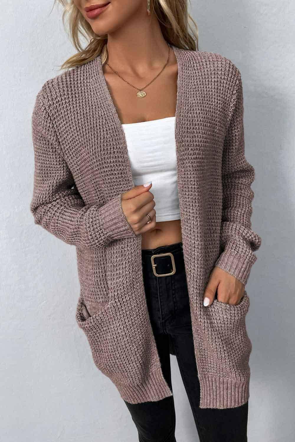 Rib-Knit Open Front Pocketed Cardigan - Carri's Cache