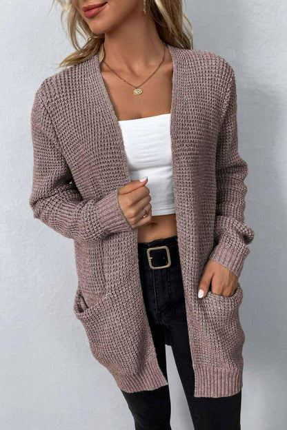 Rib-Knit Open Front Pocketed Cardigan - Carri's Cache