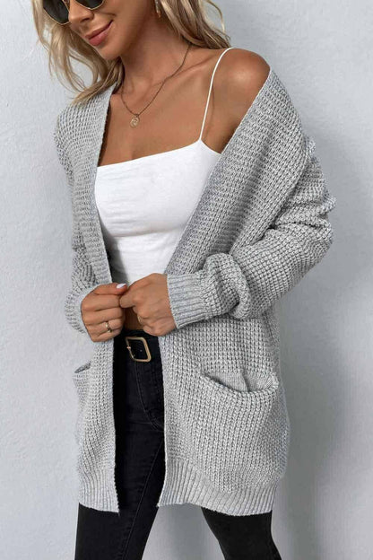 Rib-Knit Open Front Pocketed Cardigan - Carri's Cache