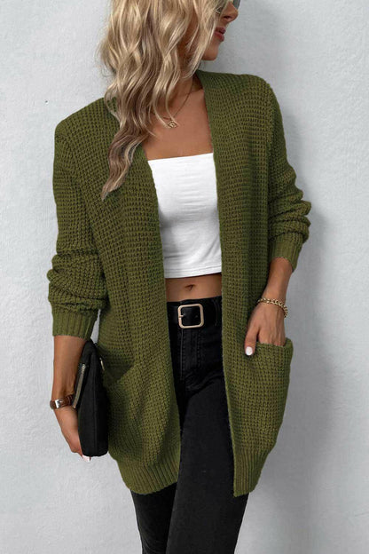 Rib-Knit Open Front Pocketed Cardigan - Carri's Cache