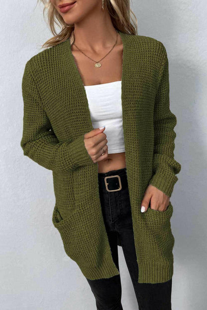 Rib-Knit Open Front Pocketed Cardigan - Carri's Cache