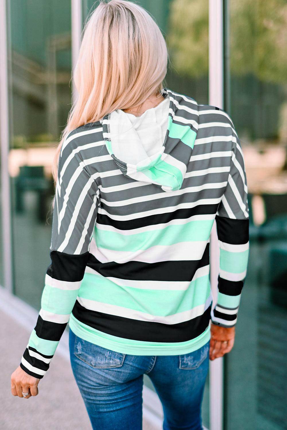 Striped Drawstring Detail Long Sleeve Hoodie - Carri's Cache