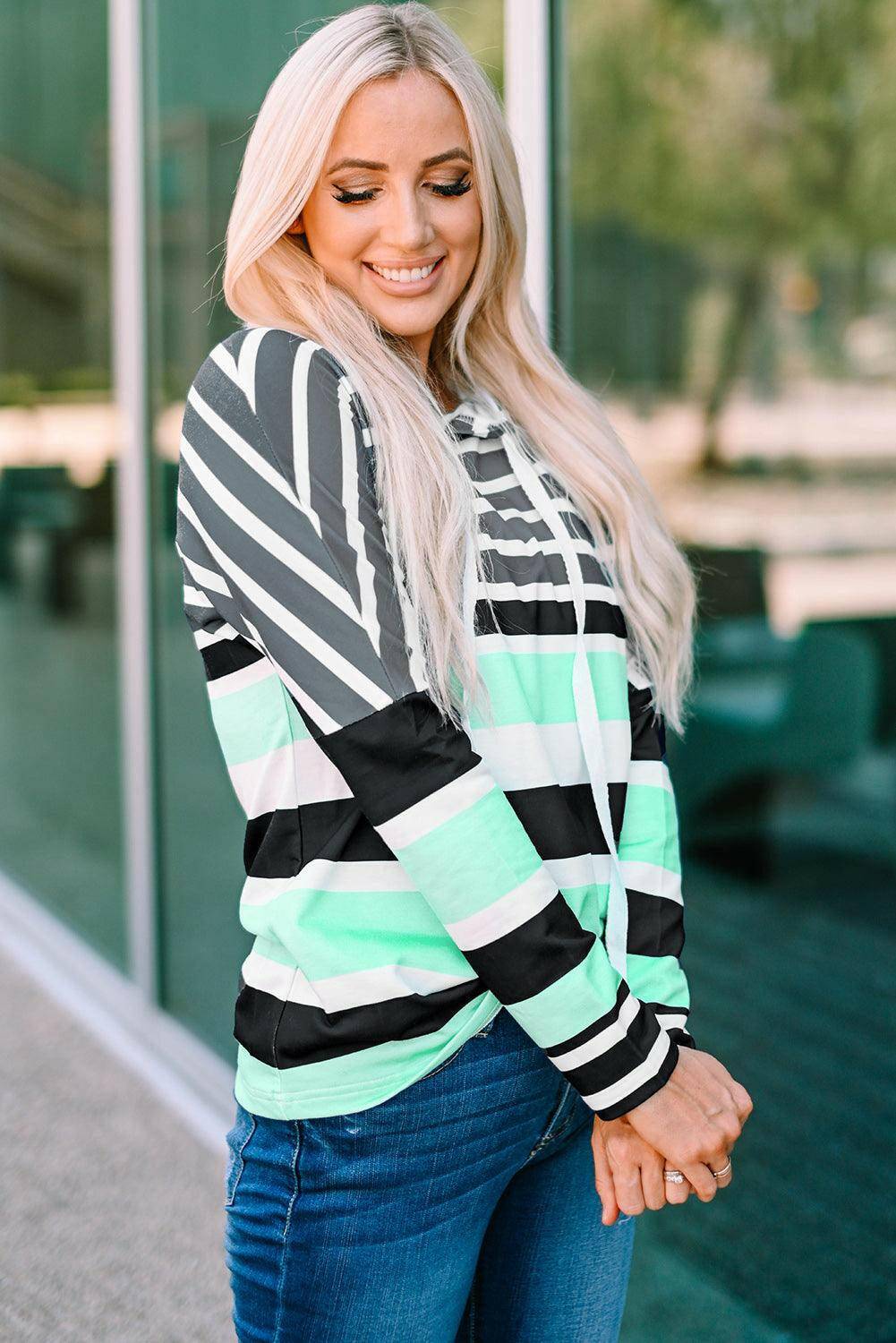 Striped Drawstring Detail Long Sleeve Hoodie - Carri's Cache