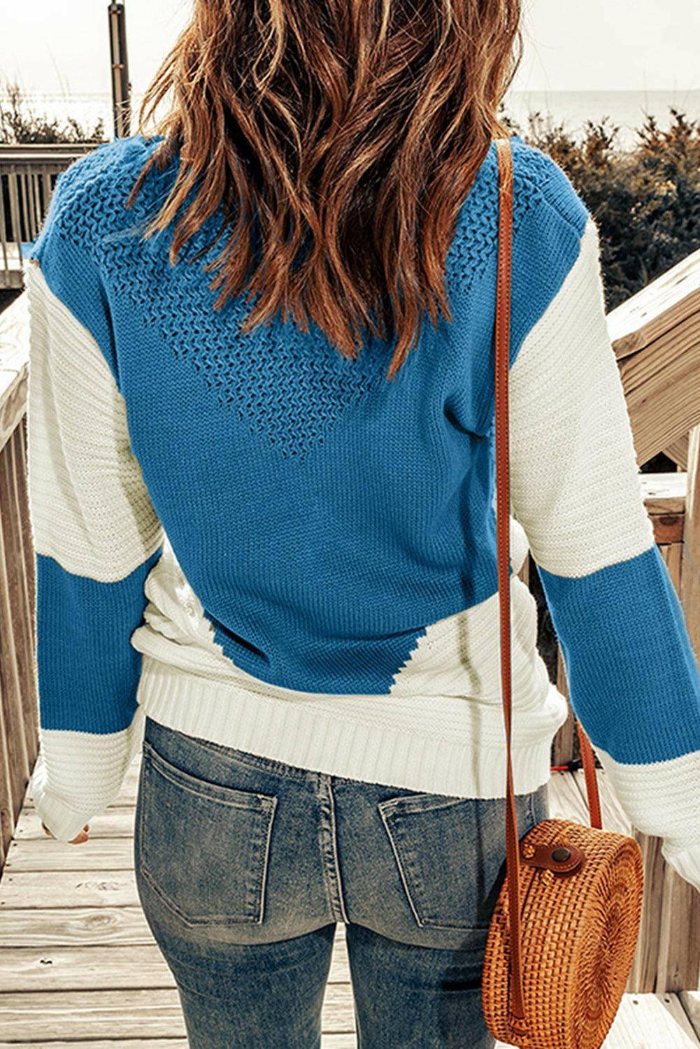 Two-Tone Openwork Rib-Knit Sweater - Carri's Cache