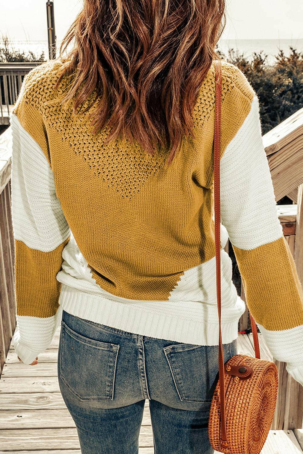 Two-Tone Openwork Rib-Knit Sweater - Carri's Cache