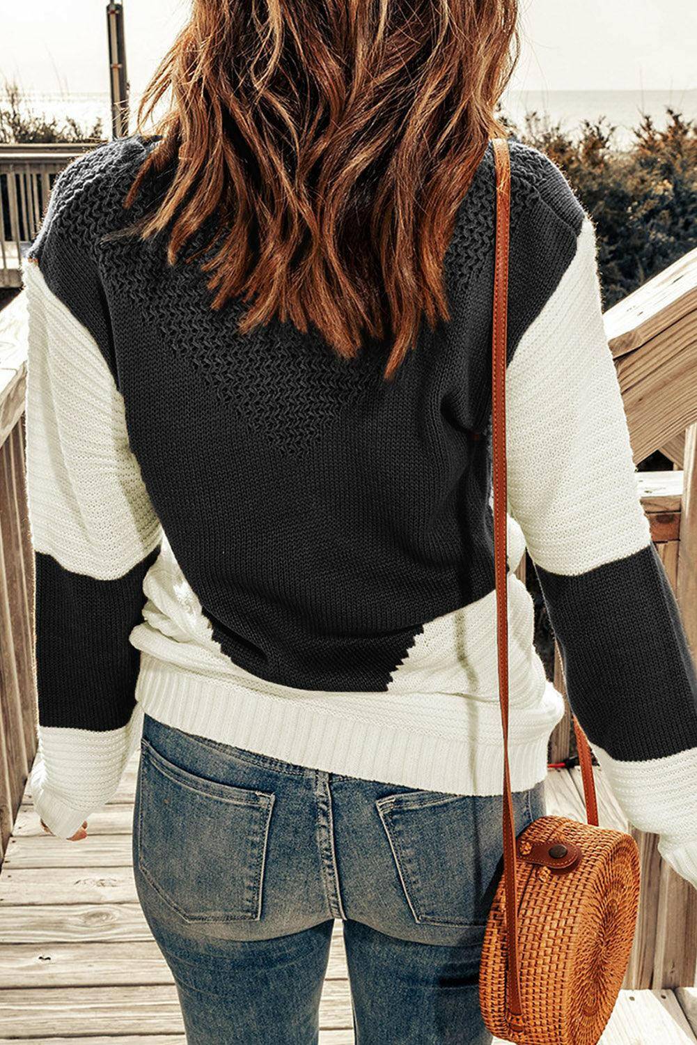 Two-Tone Openwork Rib-Knit Sweater - Carri's Cache